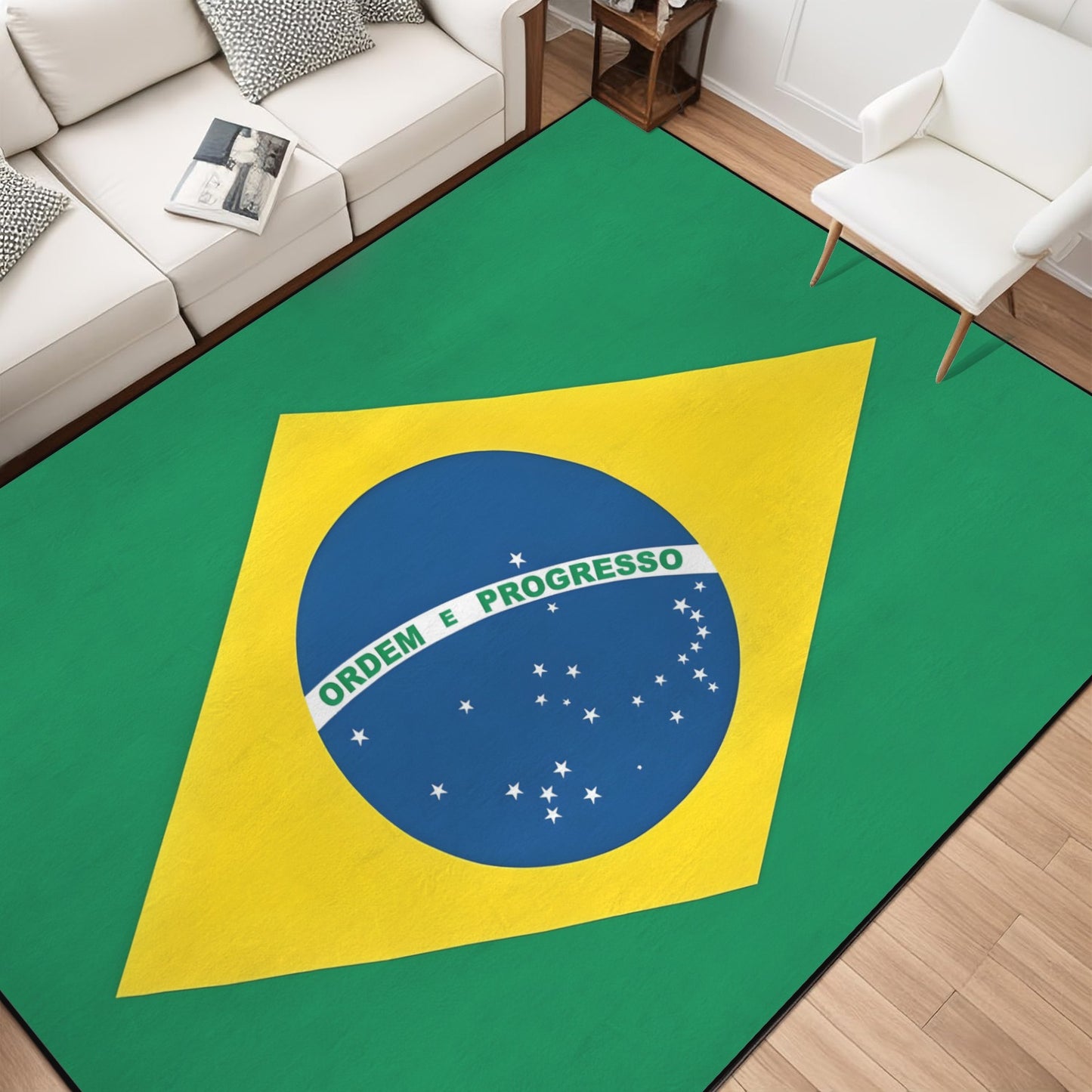 Brazil Flag Inspired 84x60 Inch Area Rug with Black Binding (Made in the USA)