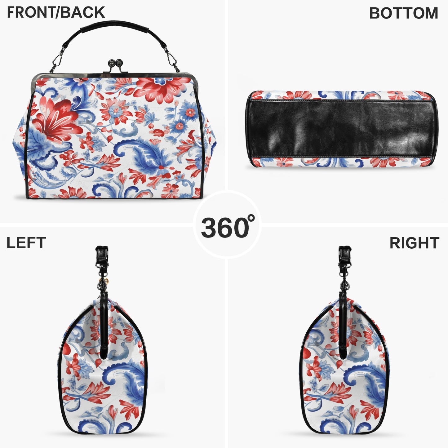 USA/American Flag Inspired Floral Pattern Kisslock Crossbody Shoulder Bag-Large