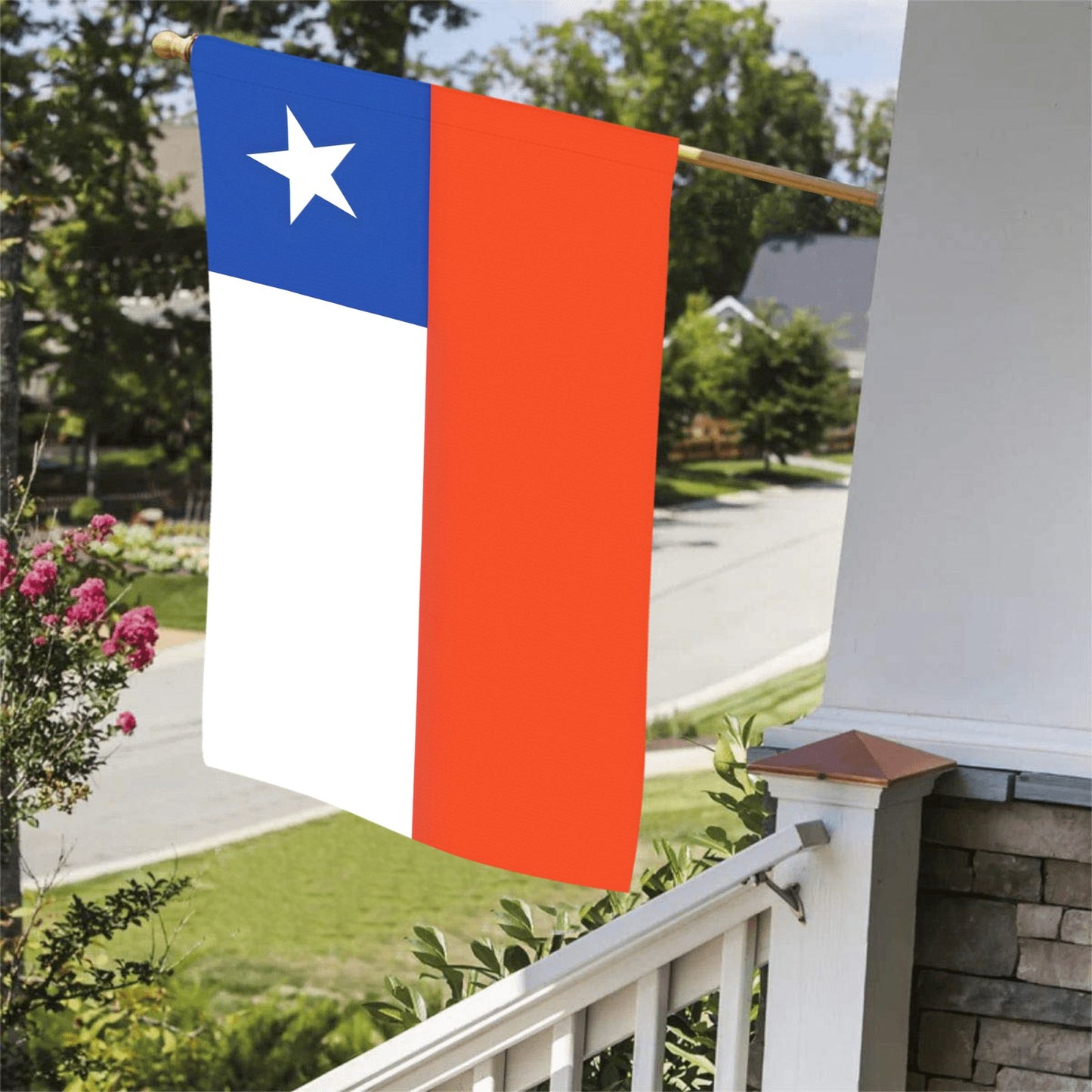 Vertical flag with star by Luv My Flag, outdoors.
