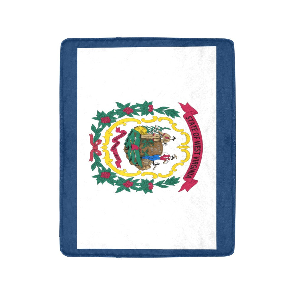 Blue-trimmed blanket displaying West Virginia state flag. Luv My Flag.