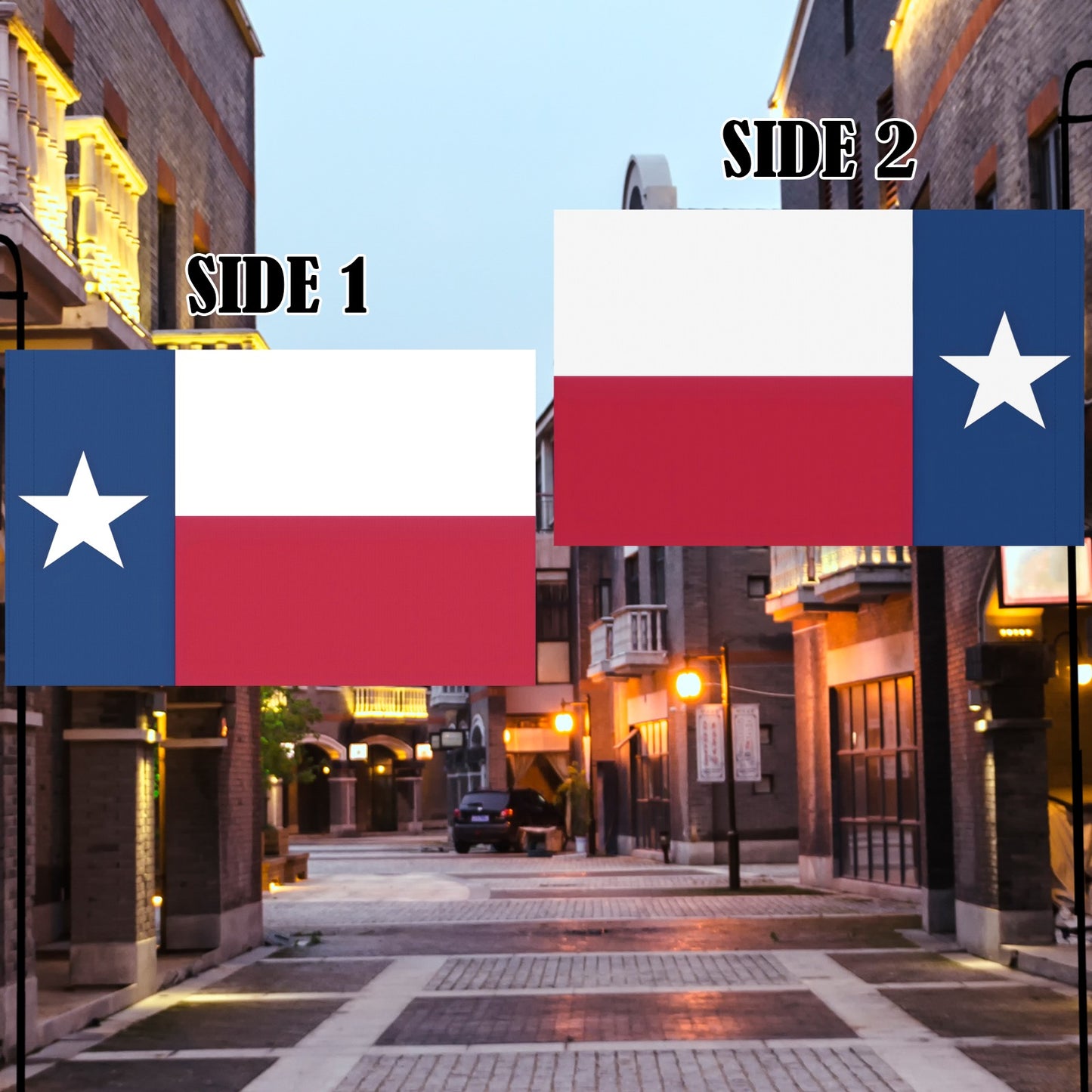 Luv My Flag Texas flags hang above cobblestone street.