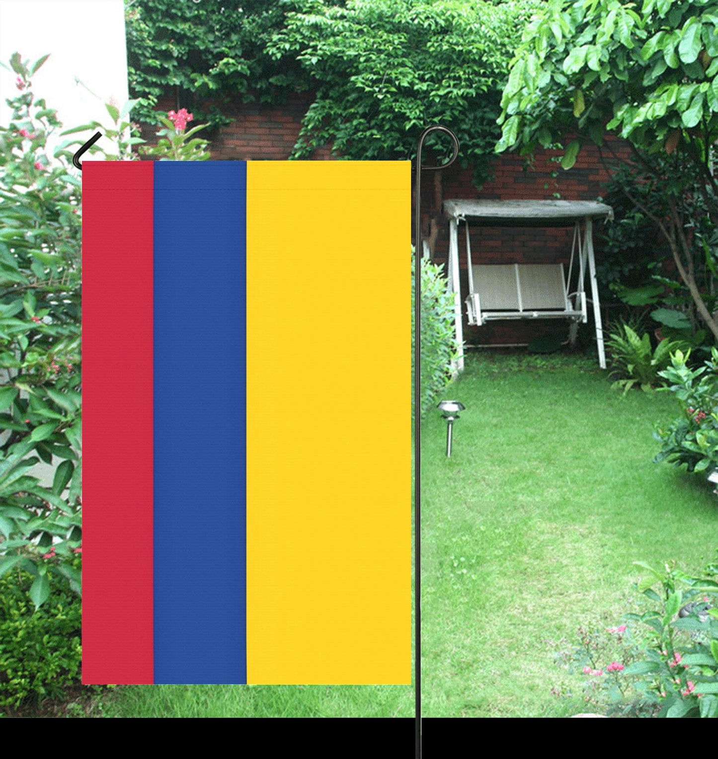 Red, blue, yellow striped flag by Luv My Flag. Garden.
