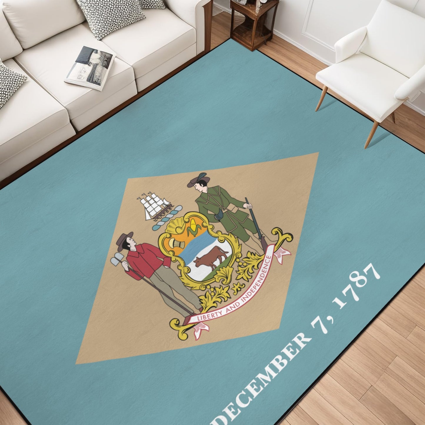 Delaware Flag Inspired 84x60 Inch Area Rug with Black Binding (Made in the USA)