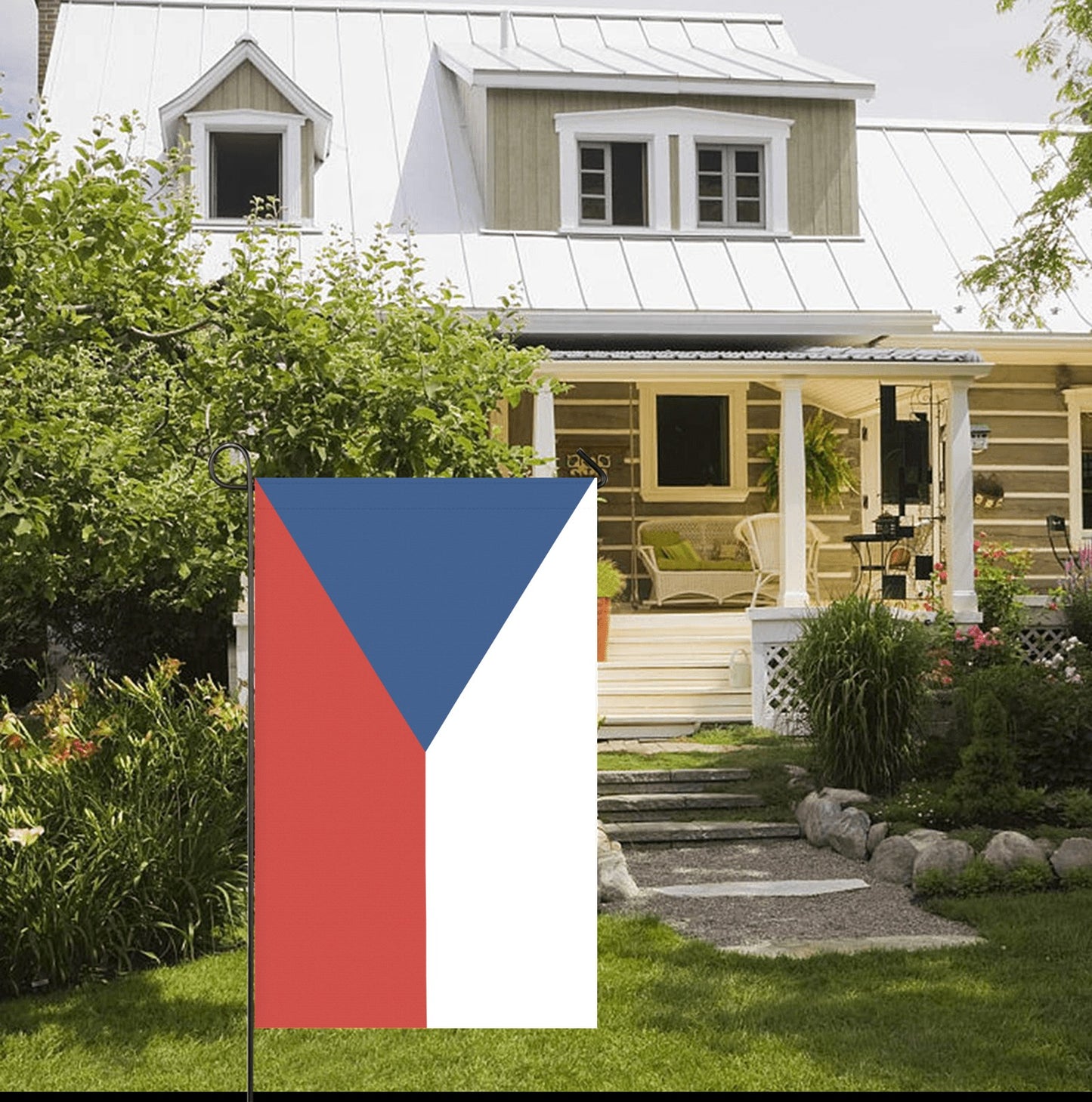 House with Luv My Flag: red, blue, white design.