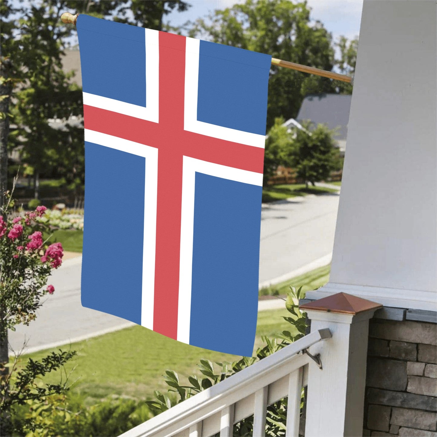 Iceland flag displayed outside home, by Luv My Flag.