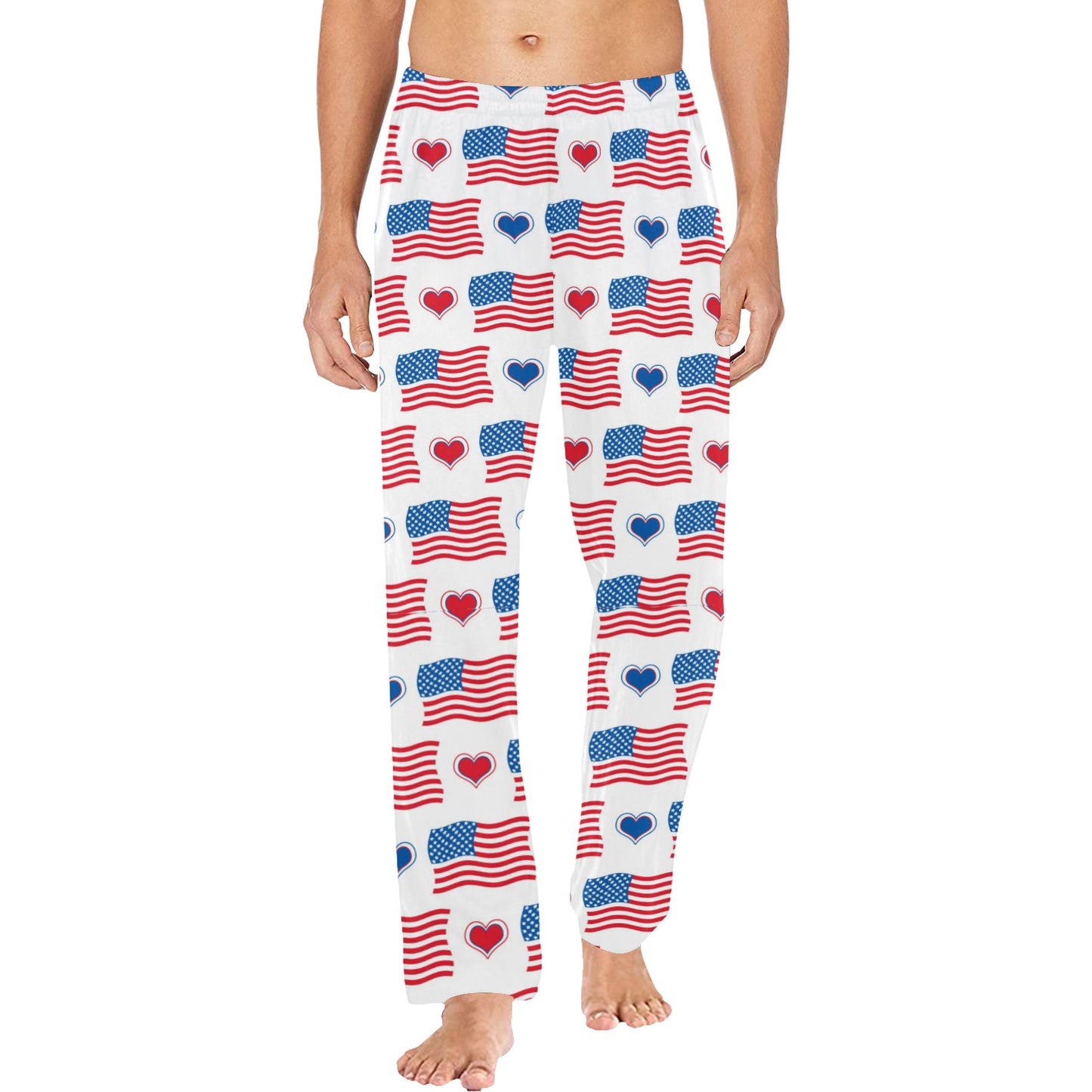 USA/American Flag Inspired Heart Pattern Men’s Pajama Trousers with Pockets (Made in the USA)