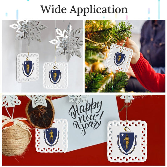 Massachusetts Flag Inspired Square Ceramic Ornament Made in the USA
