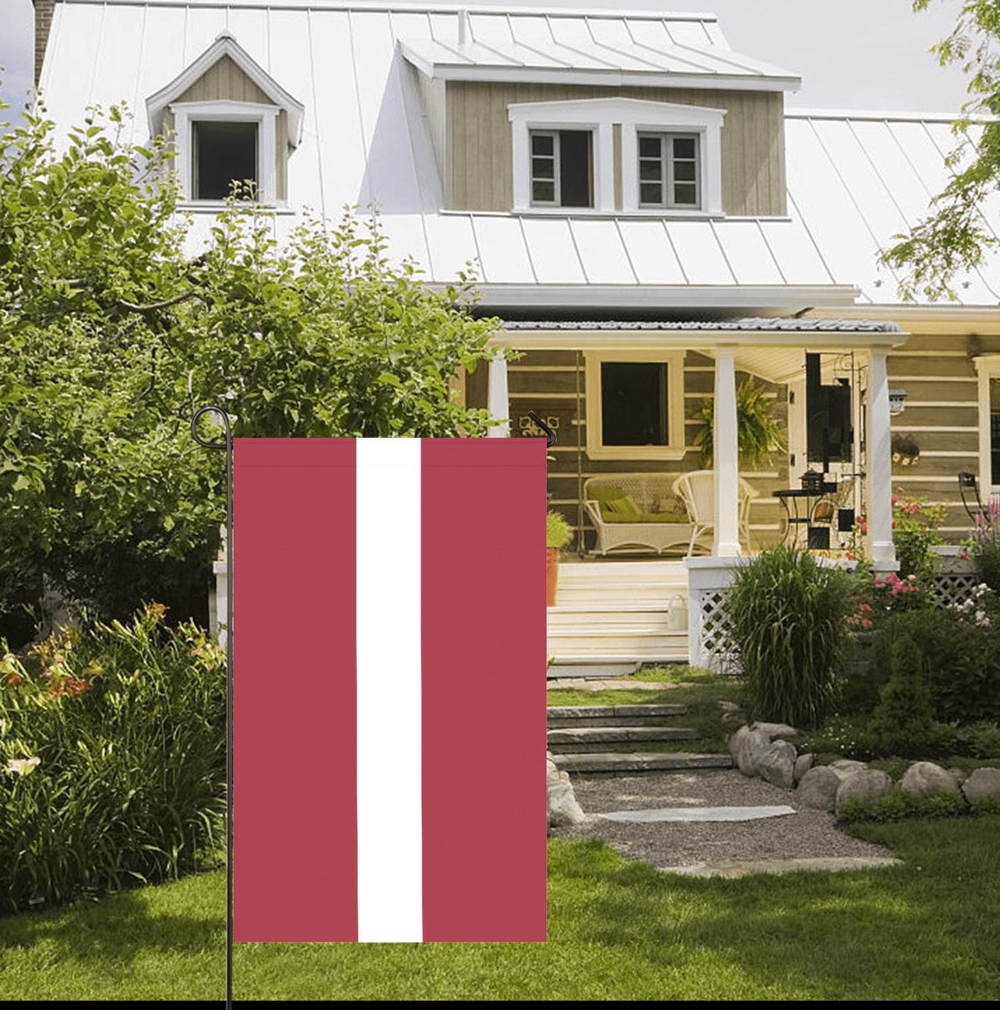 House with Luv My Flag, red and white, garden.