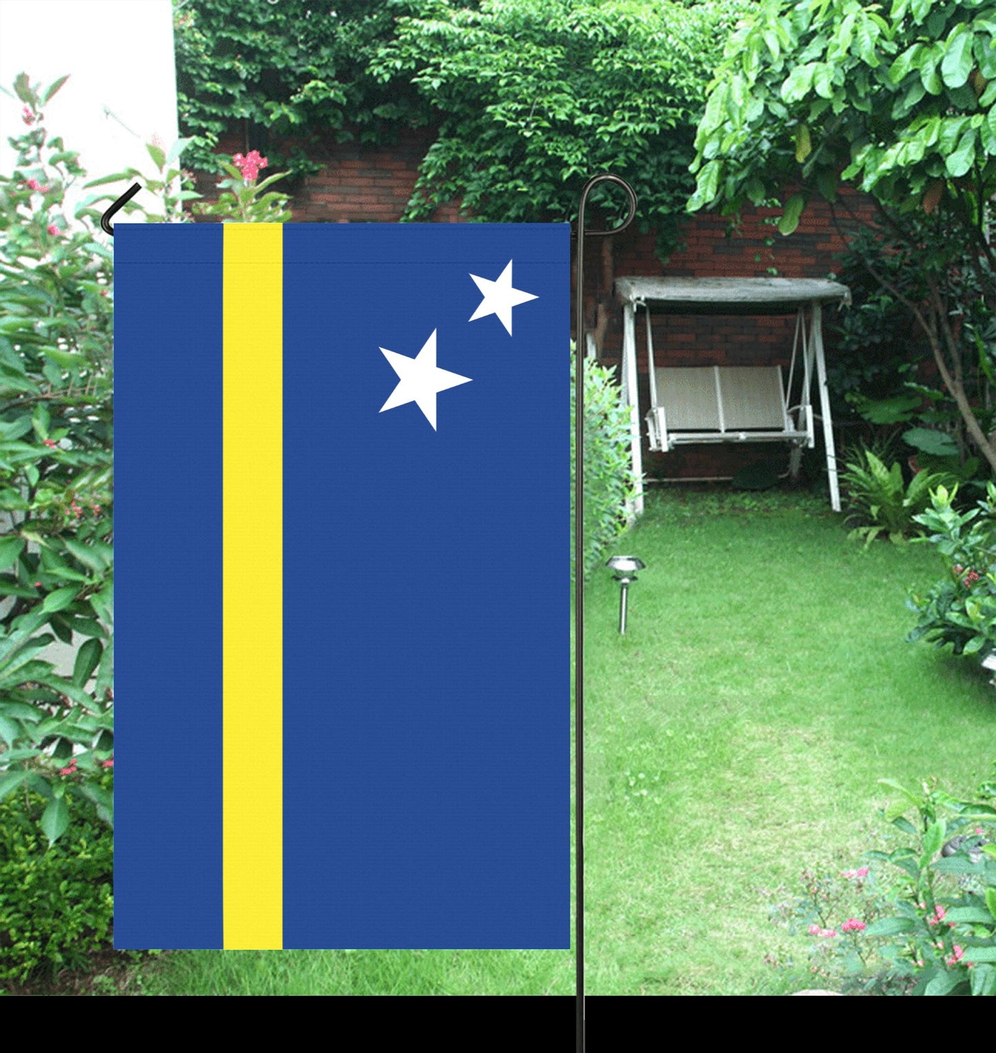 Blue and yellow garden flag by Luv My Flag.