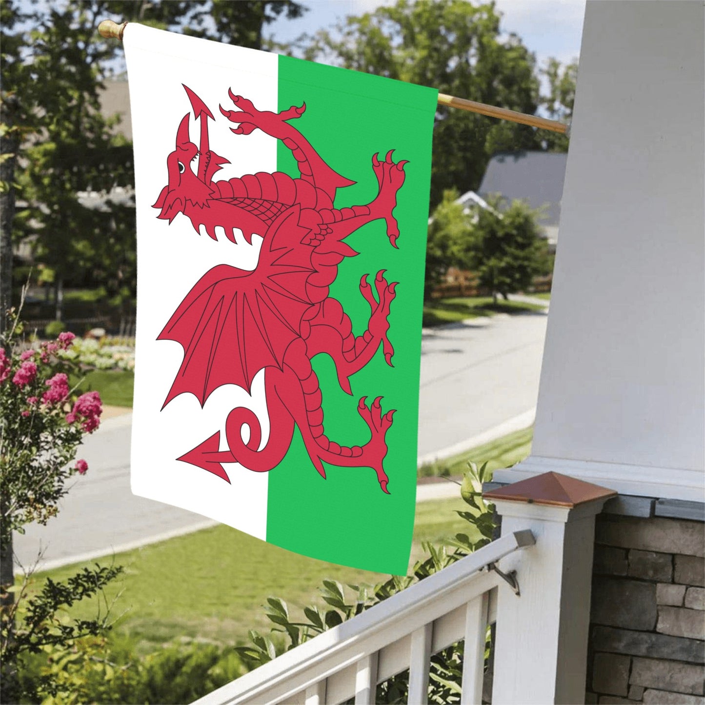 Luv My Flag shows red dragon on green background outdoors.