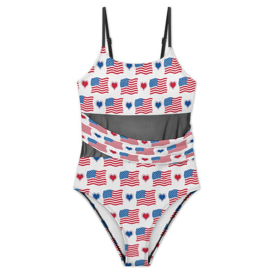 USA/American Flag Inspired Flag and Hearts & Flags Pattern Women's Square Neck Mesh Spliced One Piece Swimsuit