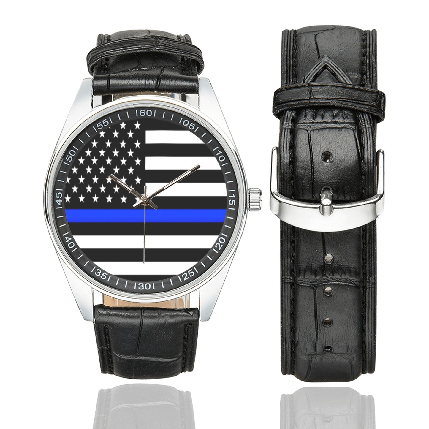 Thin Blue Line Flag Men's Casual Leather Strap Watch