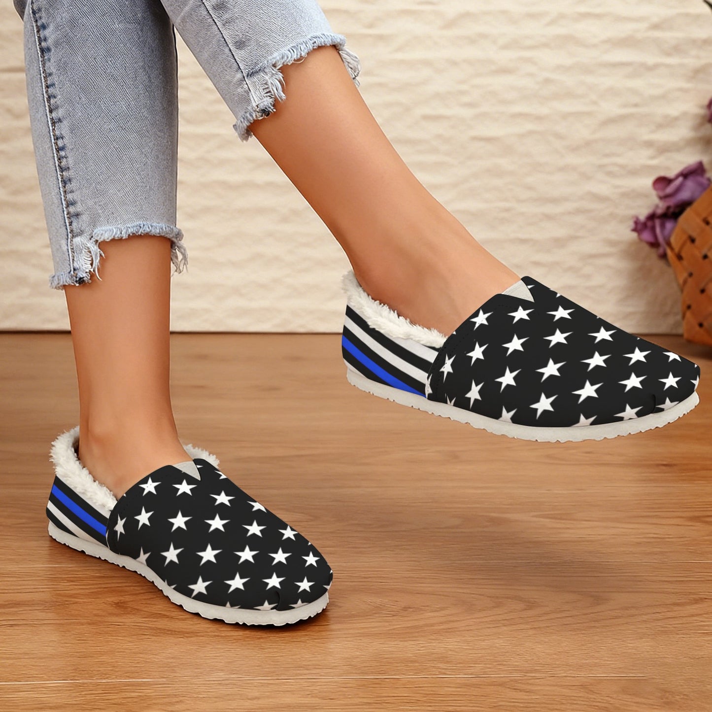 Thin Blue Line Flag Inspired Women's Fleece-Lined Canvas Slip-On