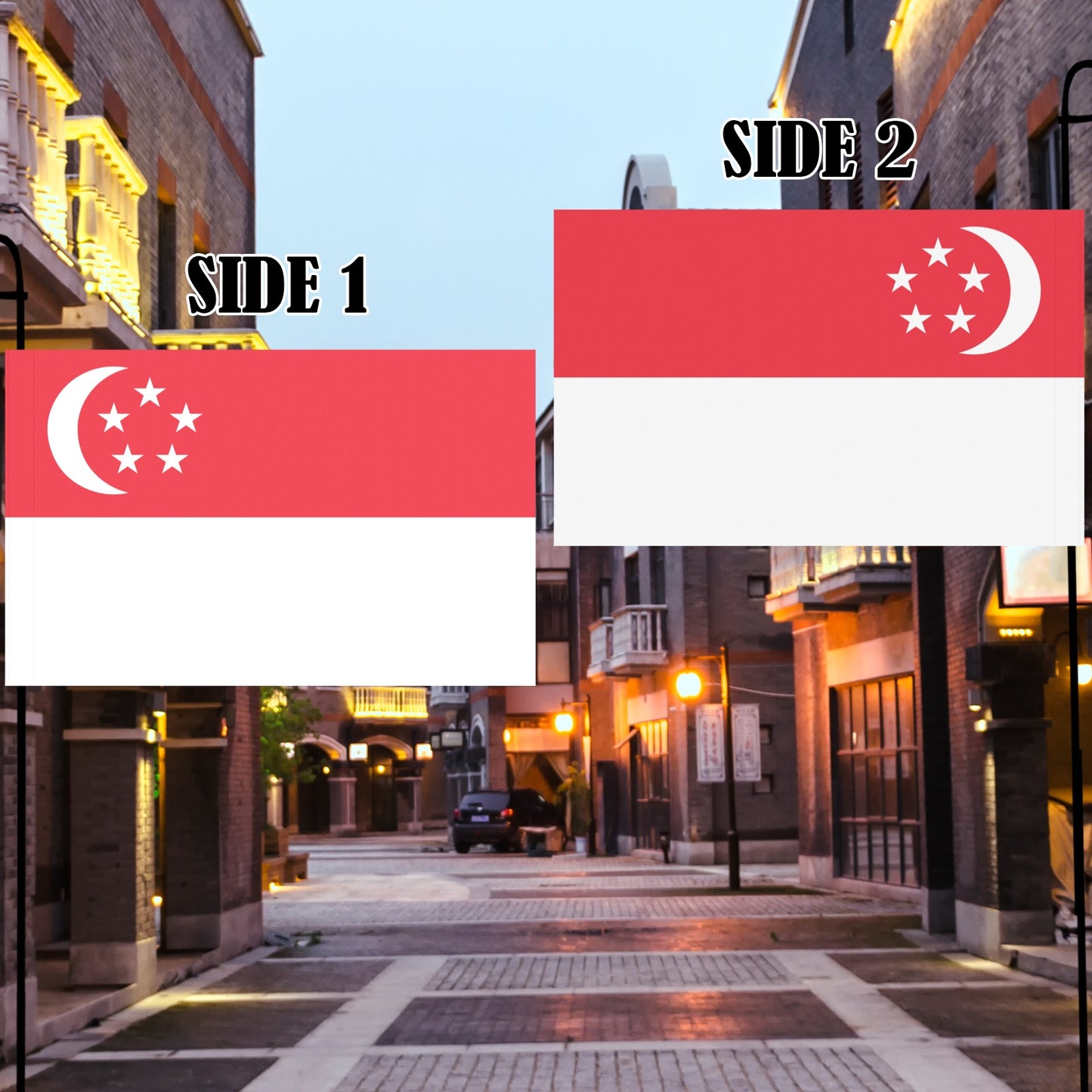 Two Singapore flags by Luv My Flag on street.