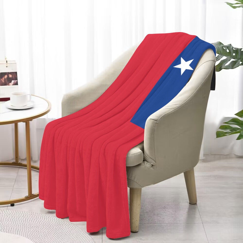 Red, blue, and white star blanket on chair, Luv My Flag.