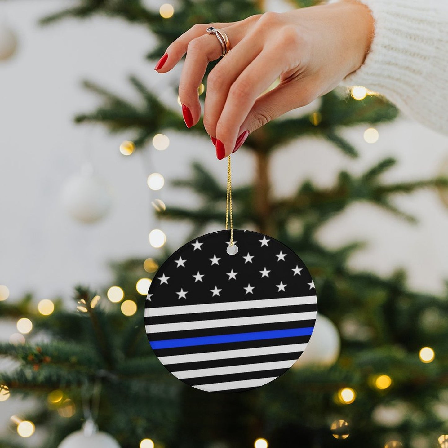 Thin Blue Line Flag Inspired Circle Ceramic Ornament Made in USA Circle Ceramic Ornament (Made in USA)