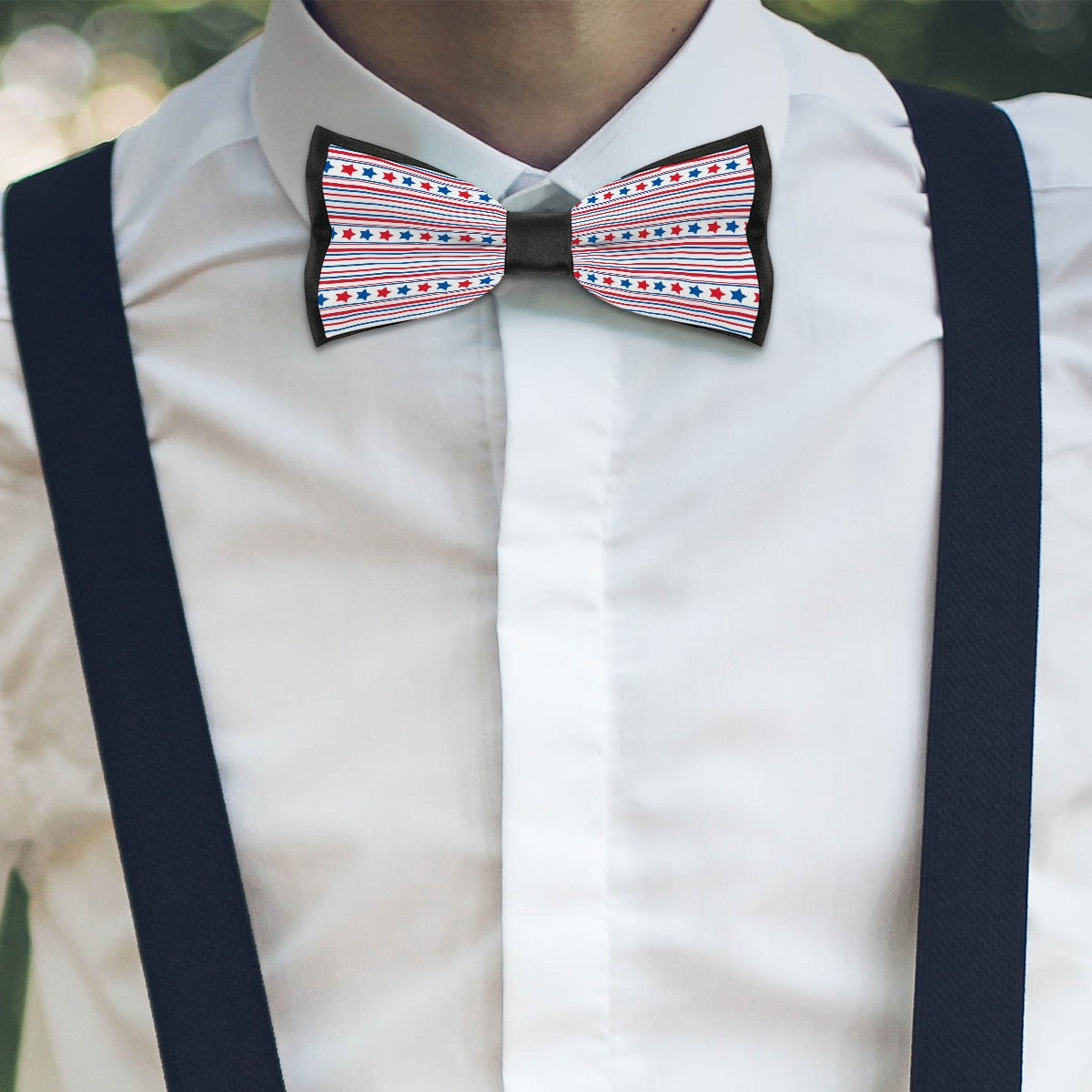 American Starstruck Bow Tie – Red White Blue Stripes with Red and Blue Stars - Luv My Flag
