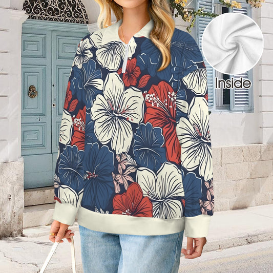 USA/American Flag Hawaiian Floral Pattern Women's Quarter Zip Pullover Sweatshirt