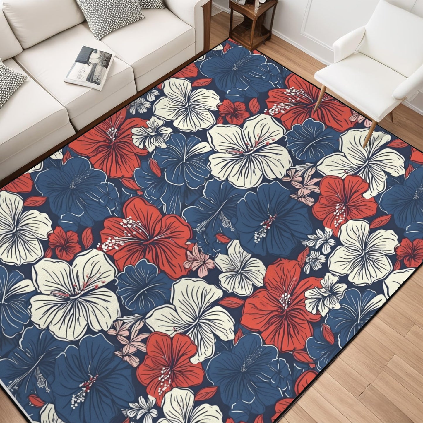USA/American Flag Inspired Hawaiian Floral Pattern 84x60 Inch Area Rug with Black Binding (Made in the USA)