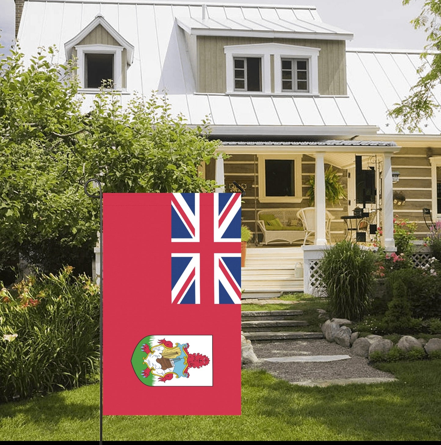 Cottage with garden, displaying Bermuda flag; brand: Luv My Flag.