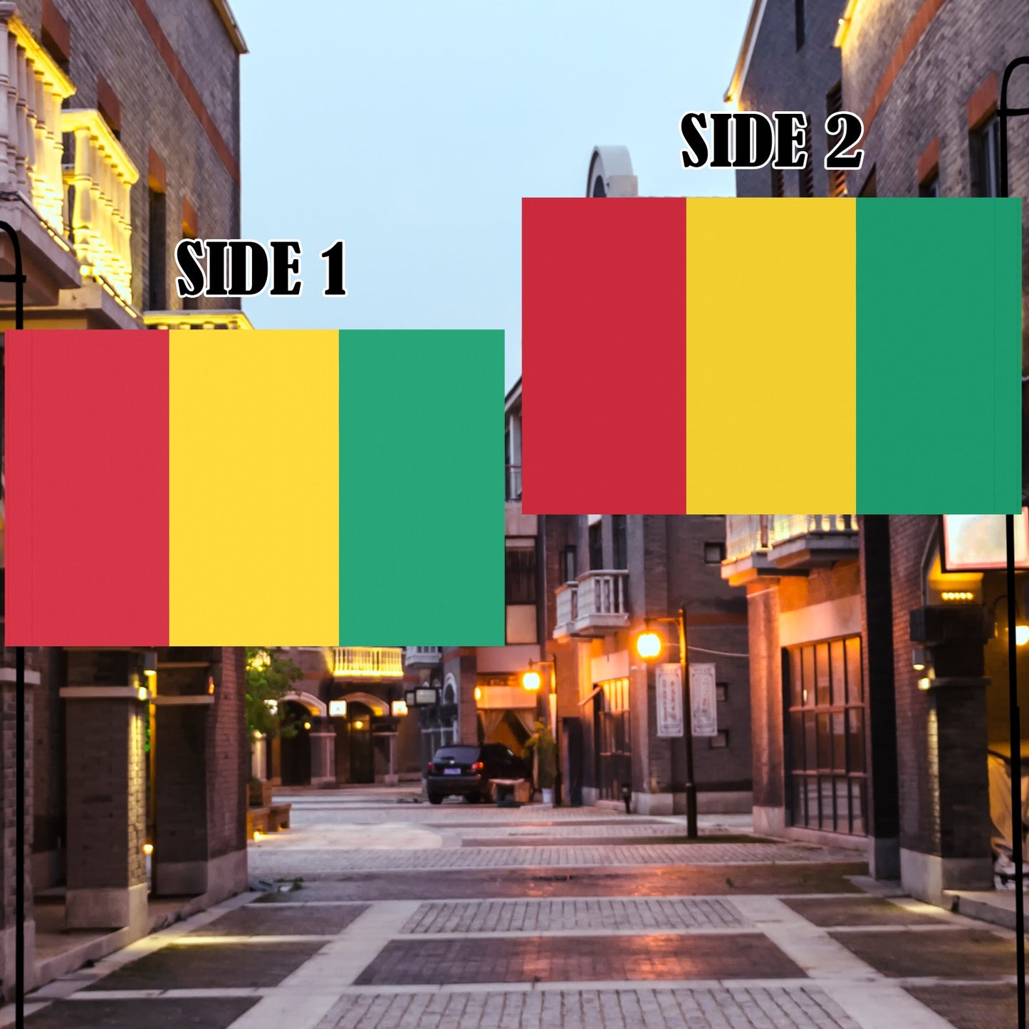Luv My Flag flags displayed in alleyway, evening setting.