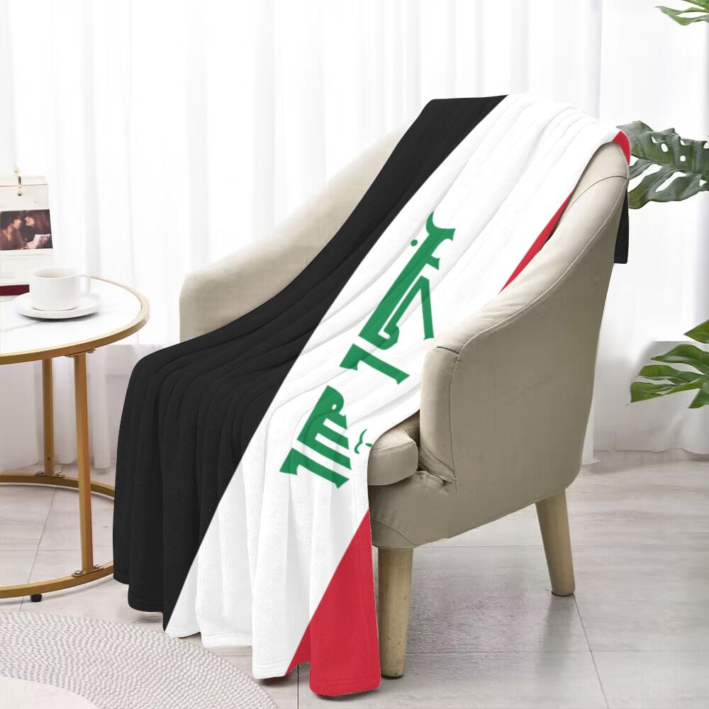 Luv My Flag Iraqi flag blanket draped over armchair.