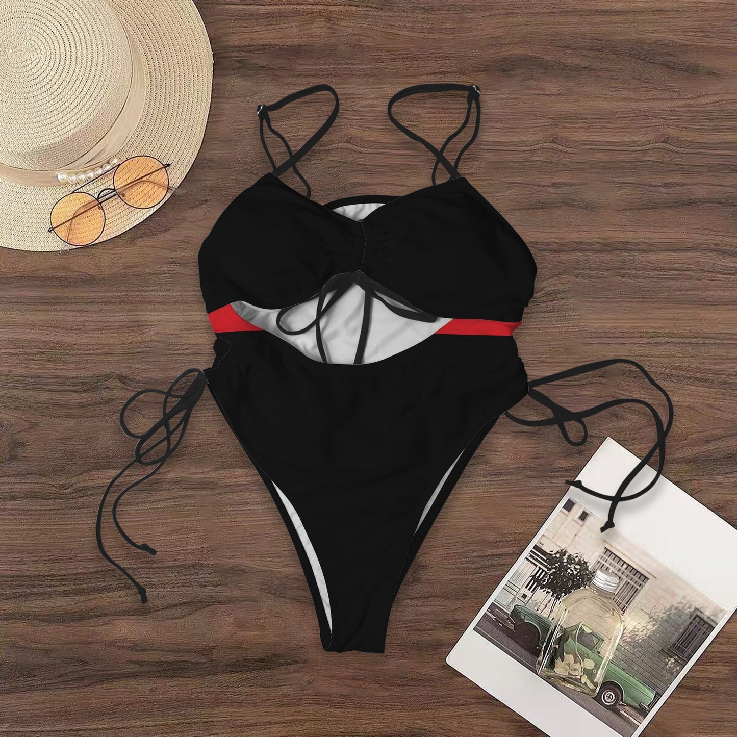 Thin Red Line Flag Inspired Women's Drawstring Cutout One Piece Swimsuit