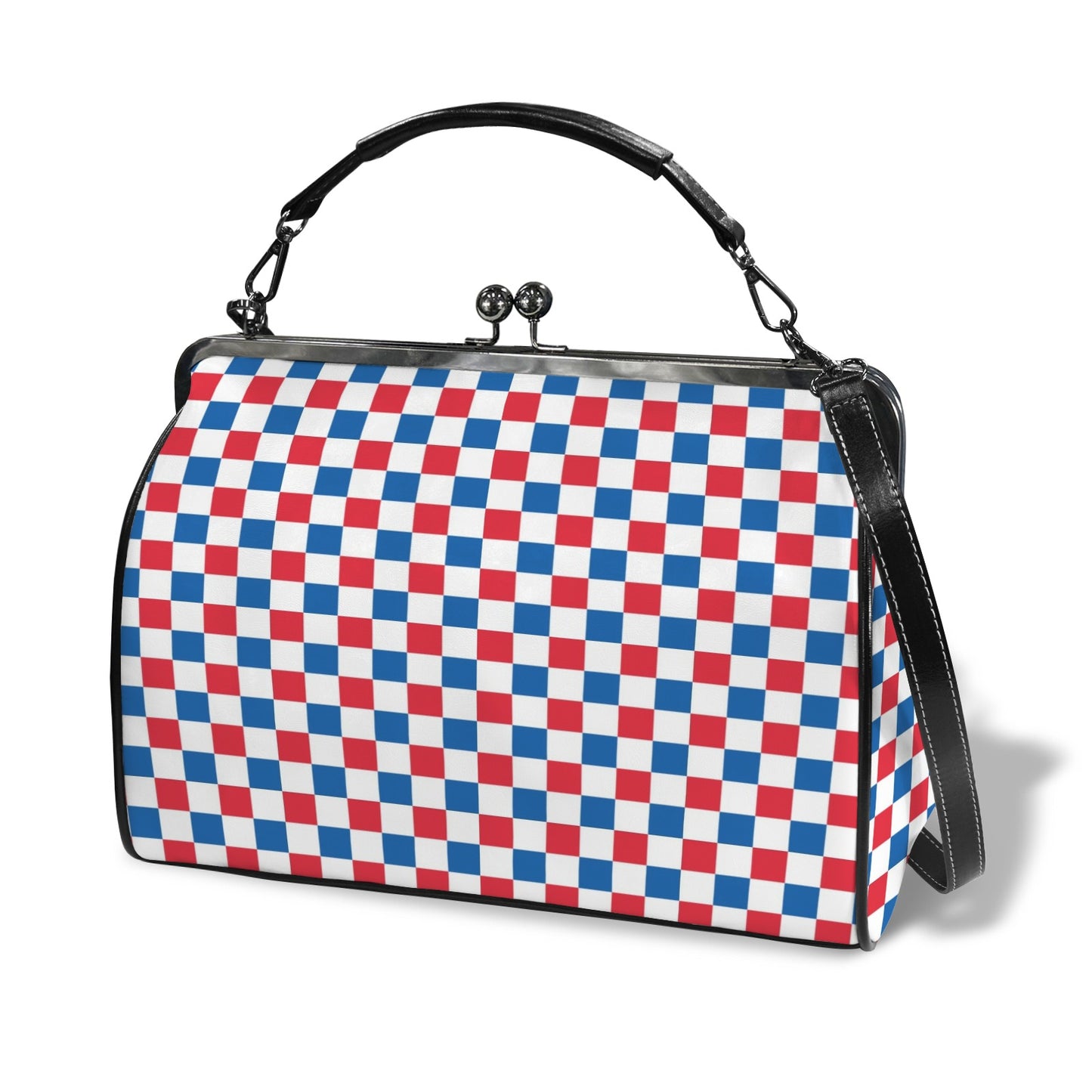 USA/American Flag Inspired Checkered Pattern Kisslock Crossbody Shoulder Bag-Large