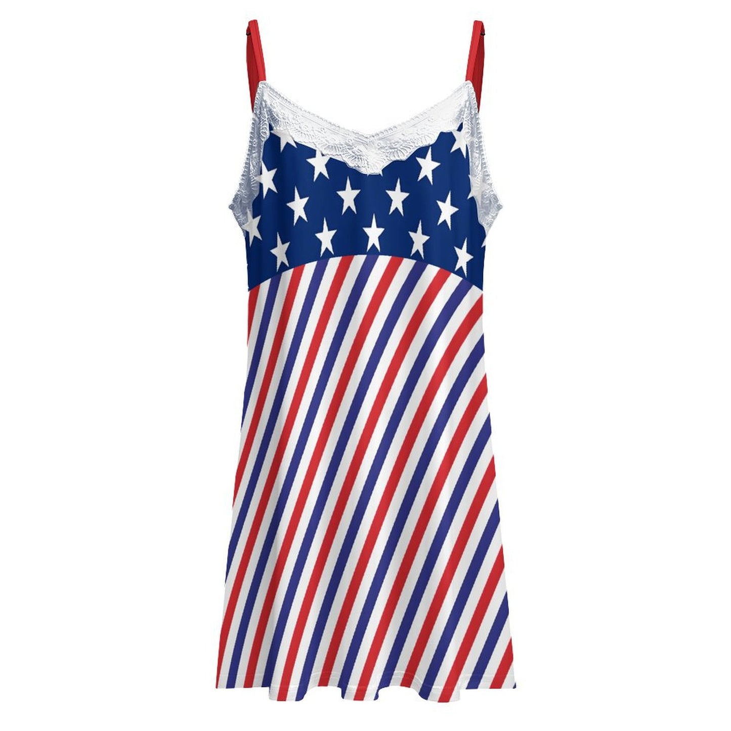 USA/American Flag Inspired Stars and Stripes Pattern Lace Trim Camisole Nightgown