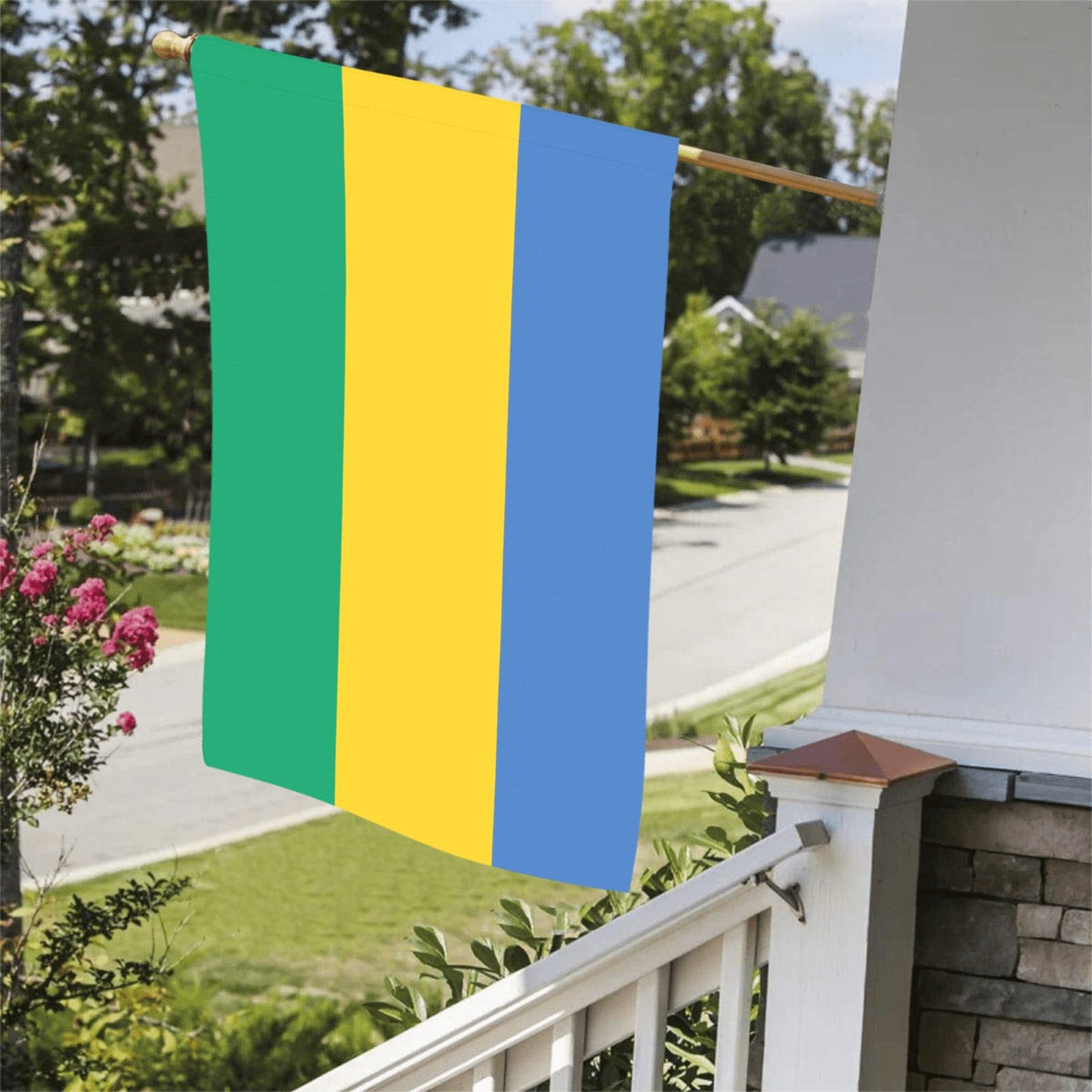 Luv My Flag brand flag with vertical green, yellow, blue.