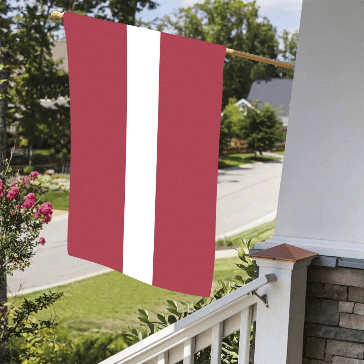 Red and white flag on porch, "Luv My Flag".