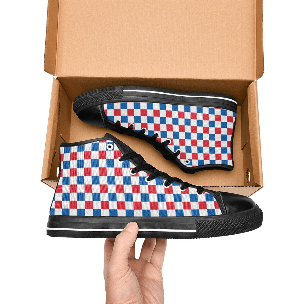 USA/American Flag Inspired Checkered Pattern Kid's High Top Canvas Shoes
