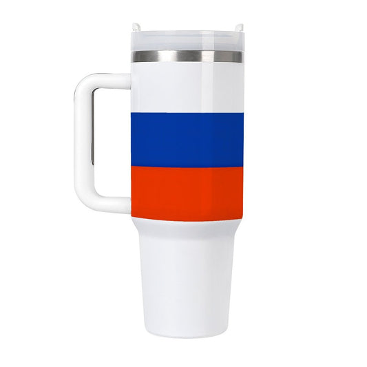 Russian Flag handled tumbler with stripe design.