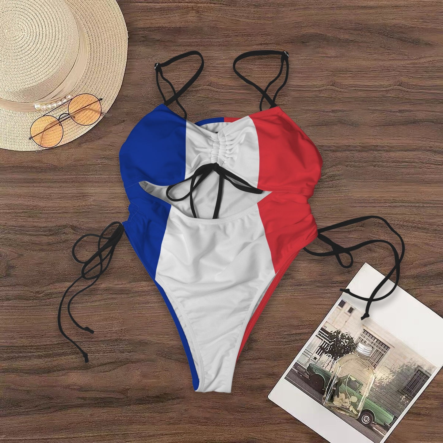 France Flag Inspired Women's Drawstring Cutout One Piece Swimsuit