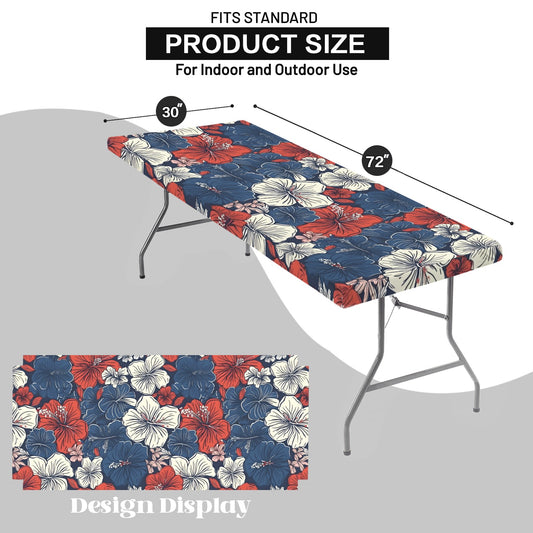 USA/American Flag Inspired Hawaiian Floral Pattern Custom Elastic Fitted Tablecloth 72x30 inch (Made in the USA)