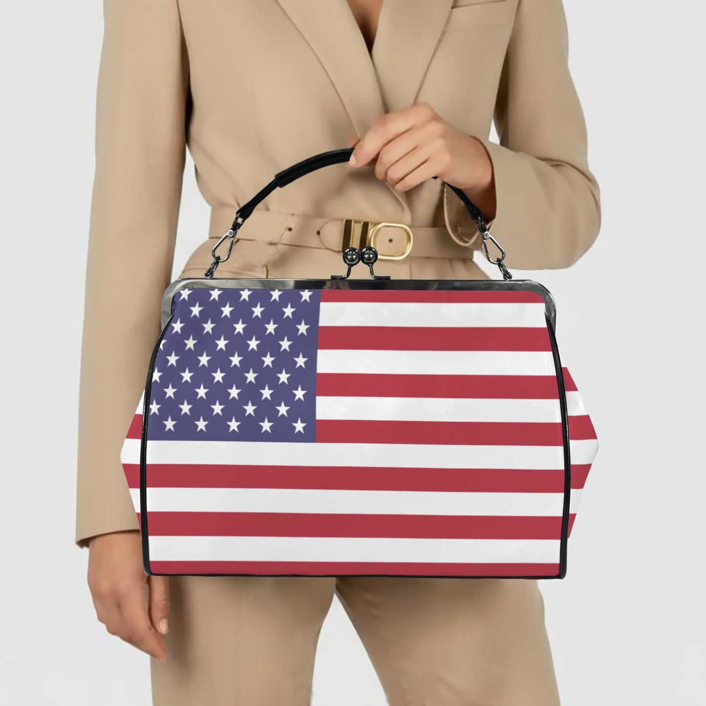 USA/American Flag Inspired Kisslock Crossbody Shoulder Bag-Large