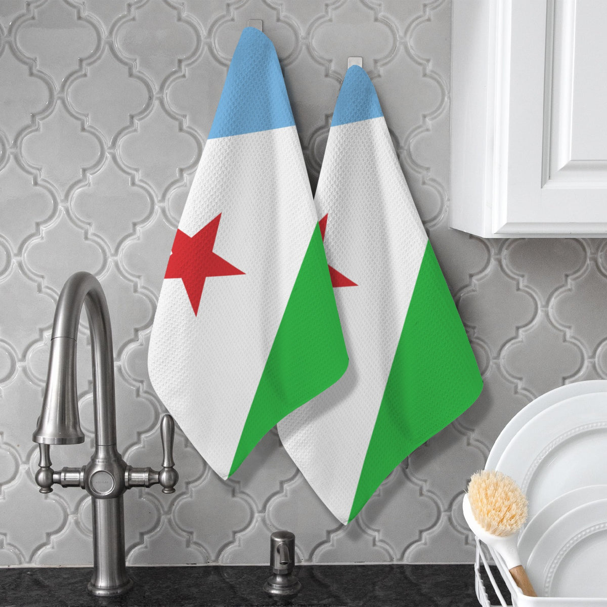 Djibouti Flag Inspired Kitchen Towel 40X60cm (Pack of 2) | Printed In the USA