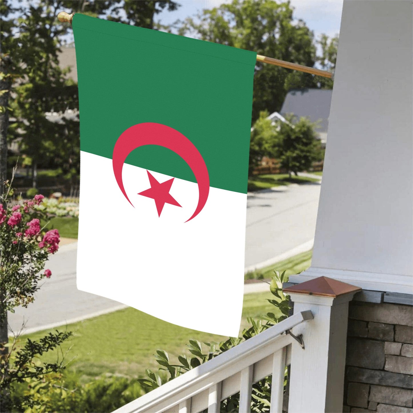 Luv My Flag brand Algerian flag displayed outside house.