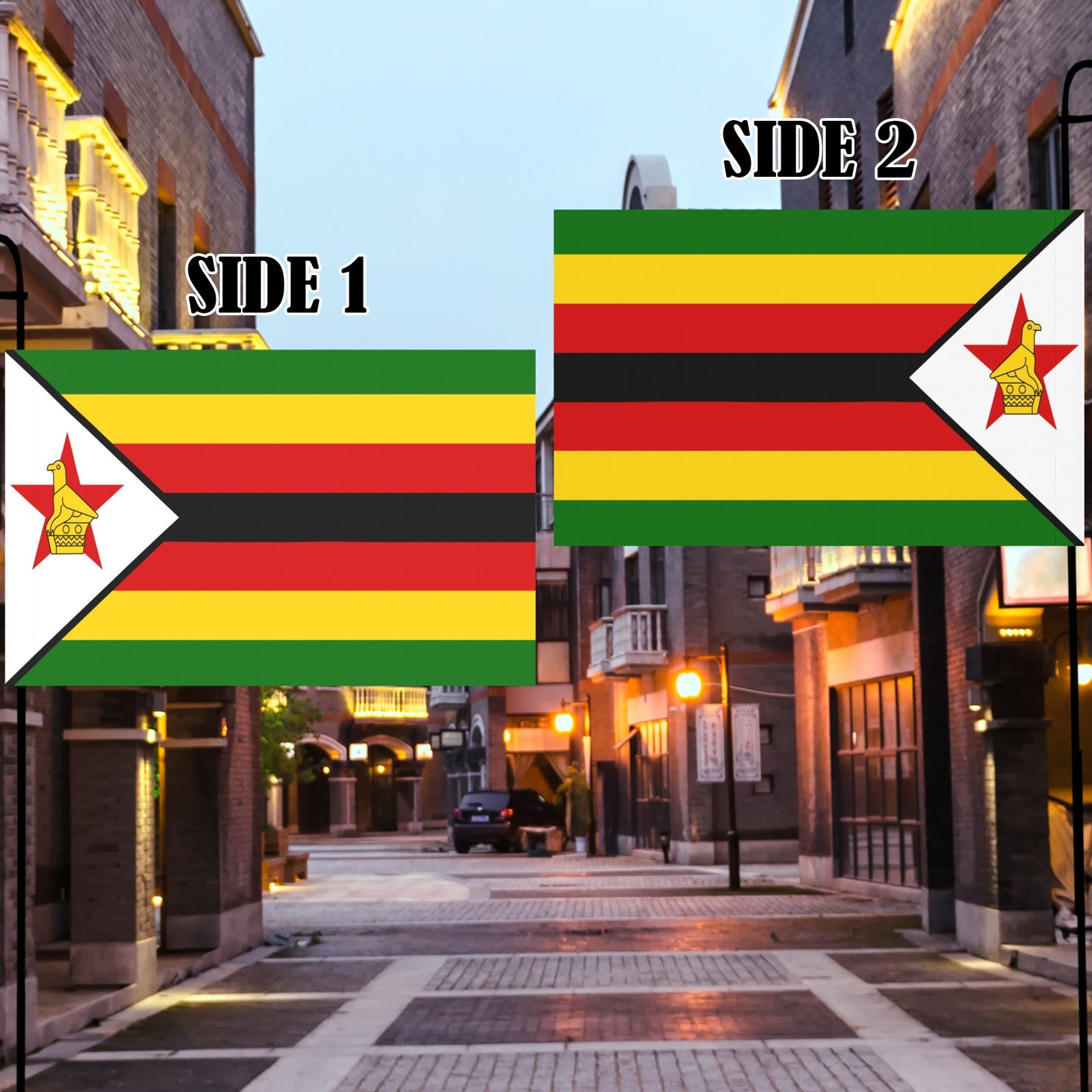 Two Zimbabwean flags by Luv My Flag on street.