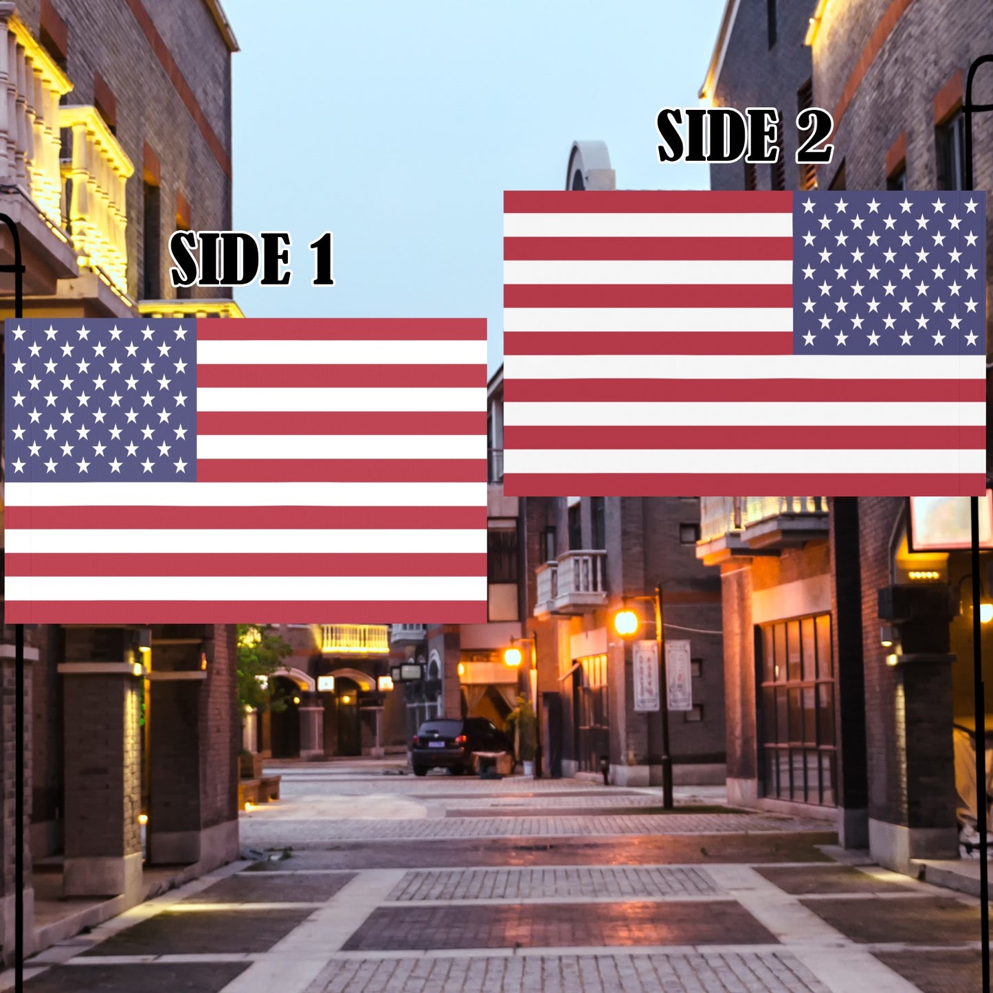 Luv My Flag: Two American flags in urban street.