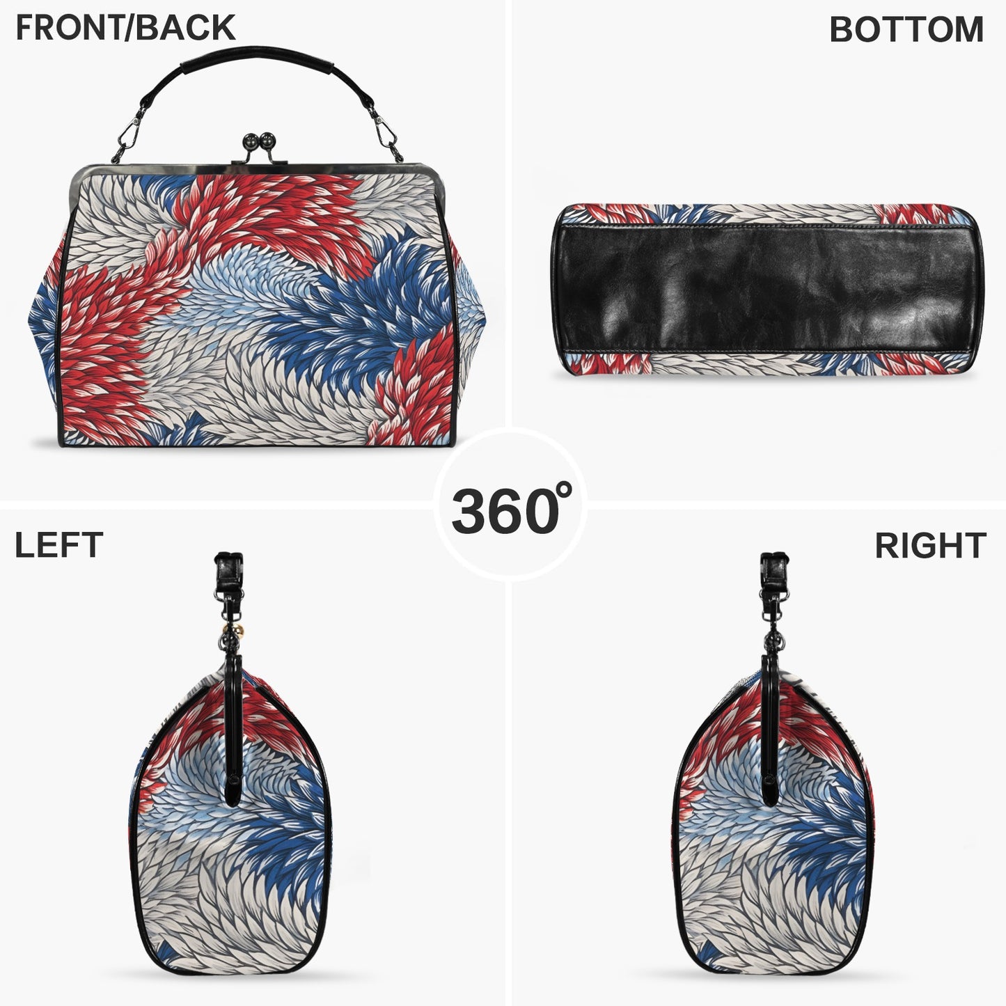USA/American Flag Red White & Blue Floral Pattern Kisslock Crossbody Shoulder Bag-Large