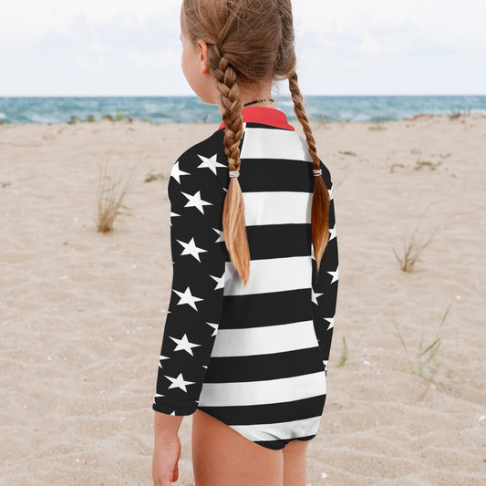 Thin Red Line Flag Little Girls' Long Sleeve One-Piece Swimsuit