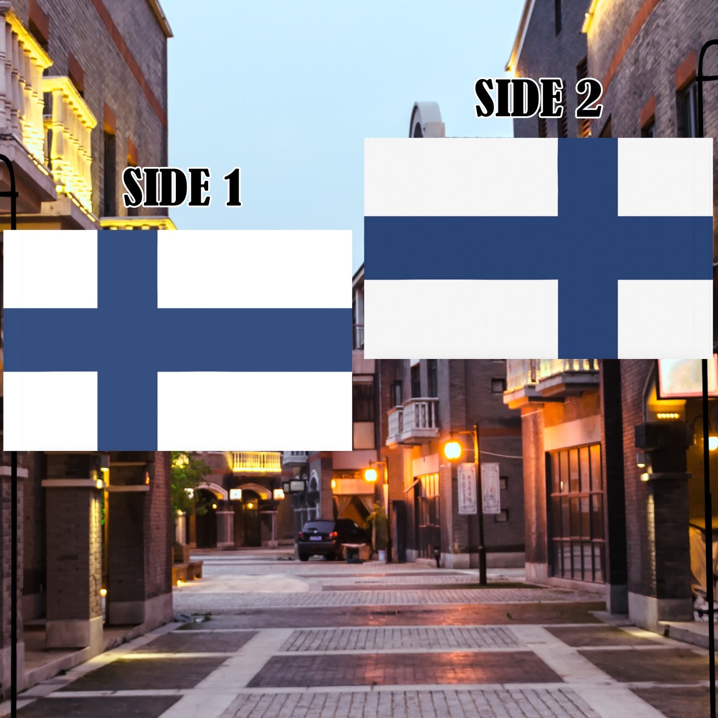 Luv My Flag: Finland flags displayed on city street.