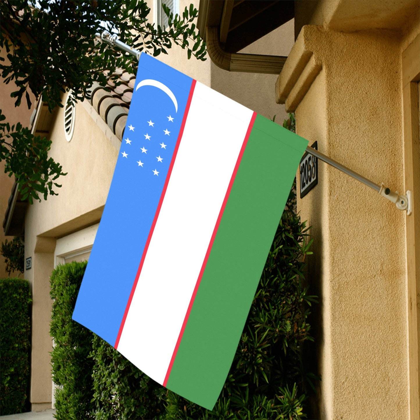Uzbekistan flag displayed outside home, brand: Luv My Flag.