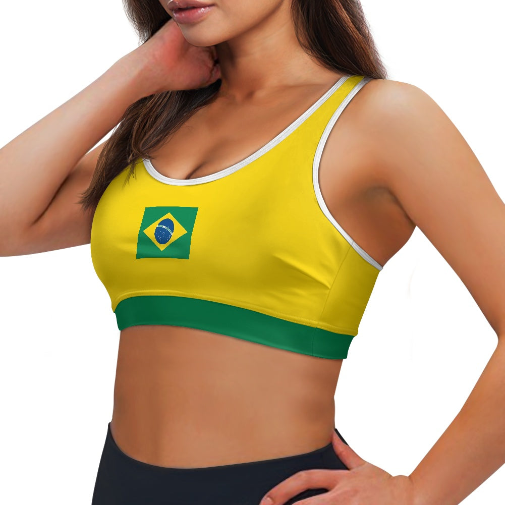 Brazil Flag Inspired Women’s Sports Bra with Back Pocket – Black or White Trim - Luv My Flag