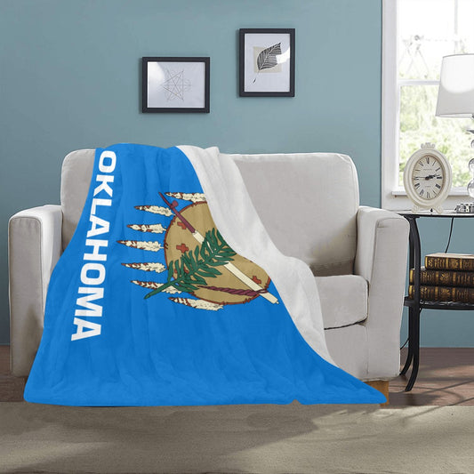 Blue Oklahoma flag blanket by Luv My Flag brand.