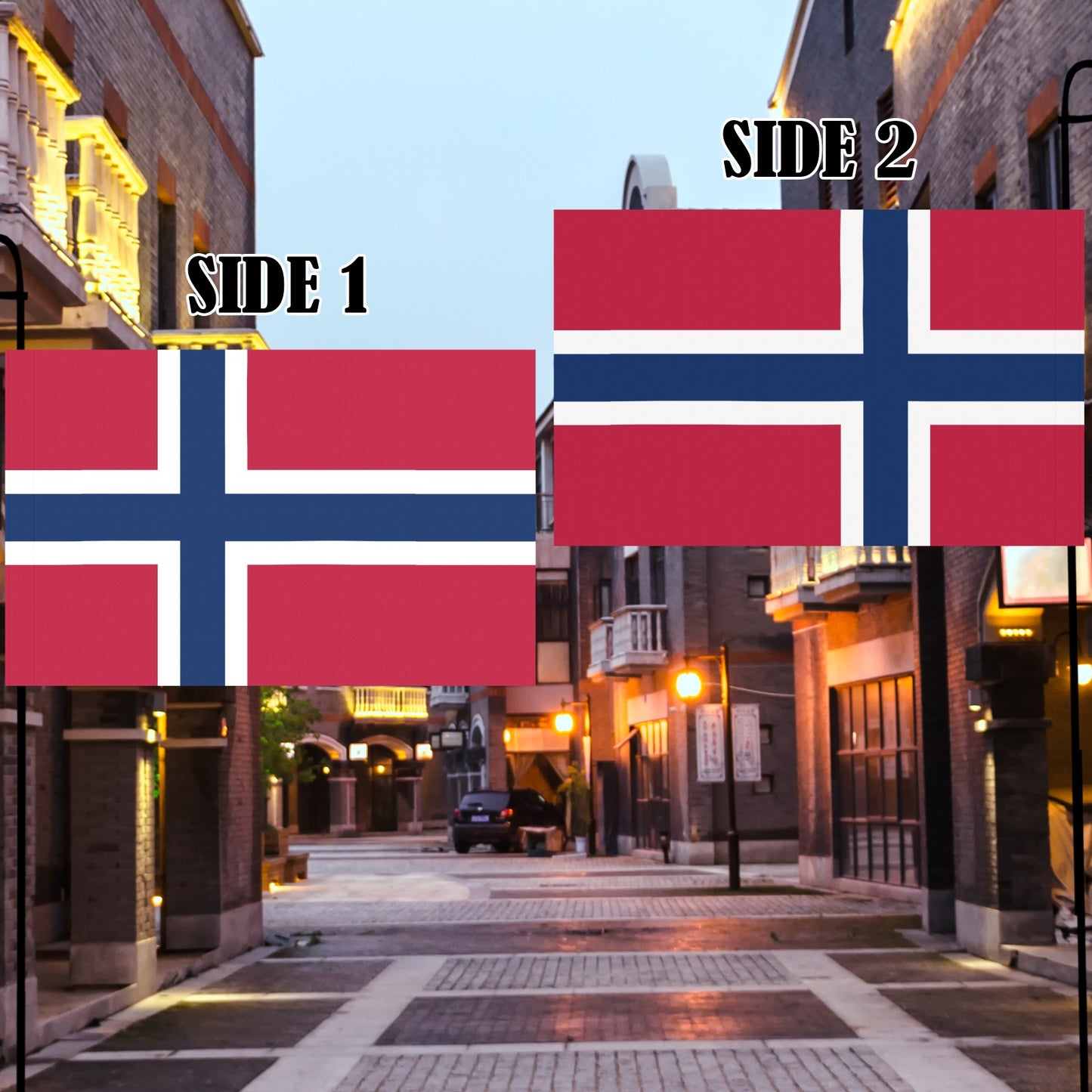 Street scene with two Norwegian flags from Luv My Flag.