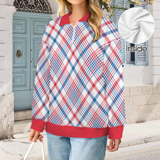 USA/American Flag Plaid Pattern Women's Quarter Zip Pullover Sweatshirt