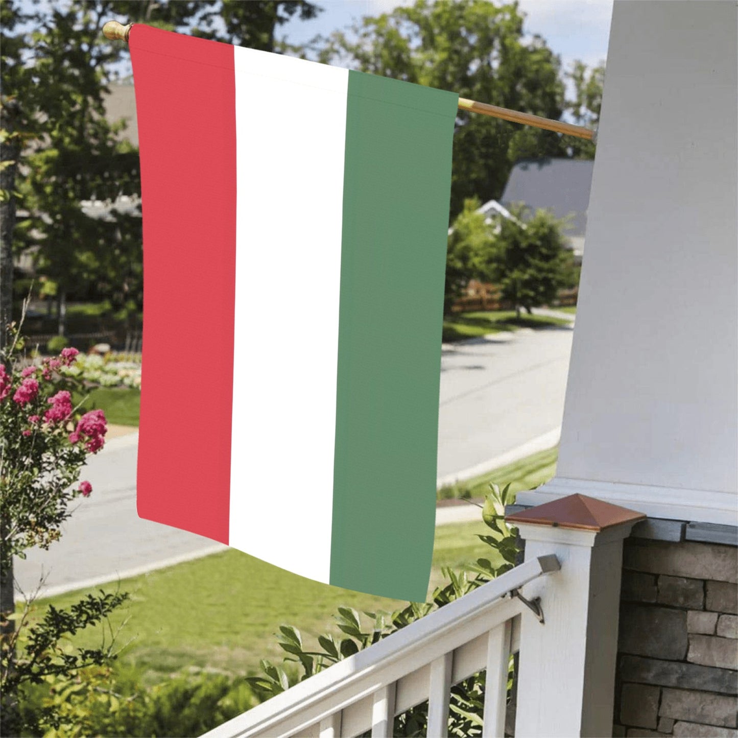 Red, white, green flag hanging outdoors, by Luv My Flag.
