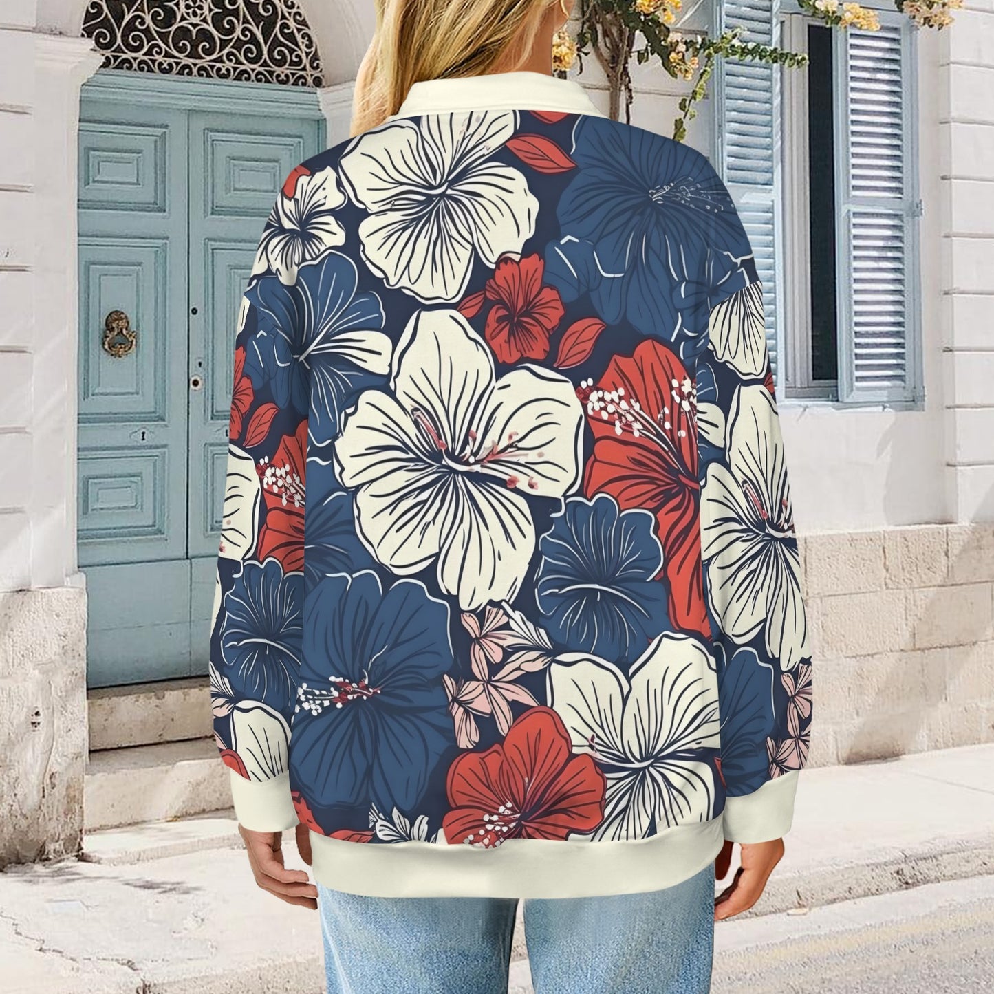 USA/American Flag Hawaiian Floral Pattern Women's Quarter Zip Pullover Sweatshirt